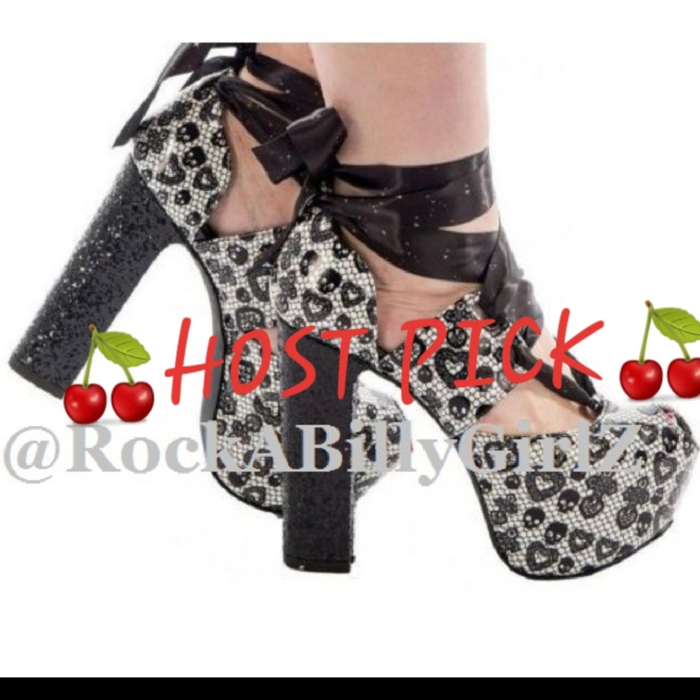 Too Fast Platform Skull Lace Peeptoe Black Glitter Chunky Heels w Star Lace Up
